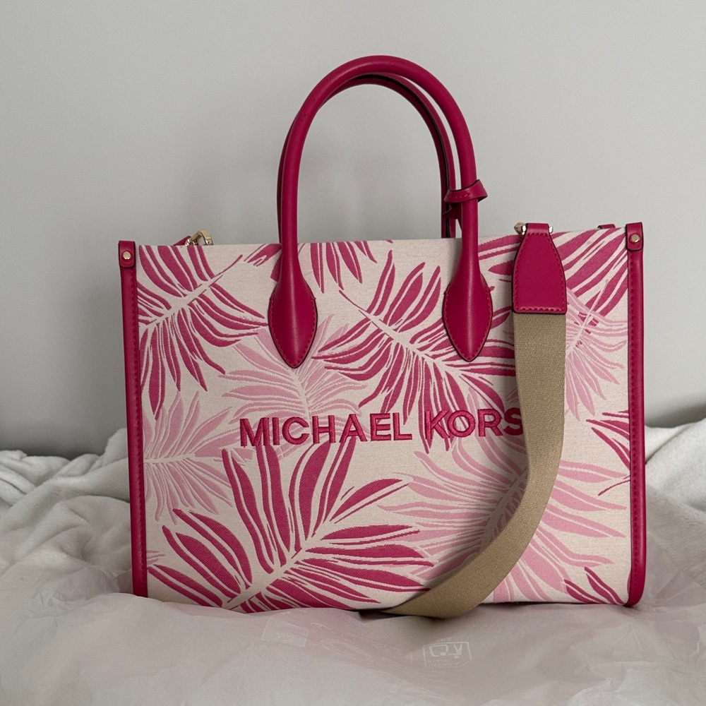 Michael Kors Fuchsia and Beige Leaf Print Tote